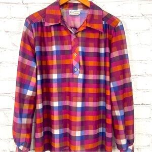 Vintage women’s shirt top blouse fall button down plaid brown rust size medium